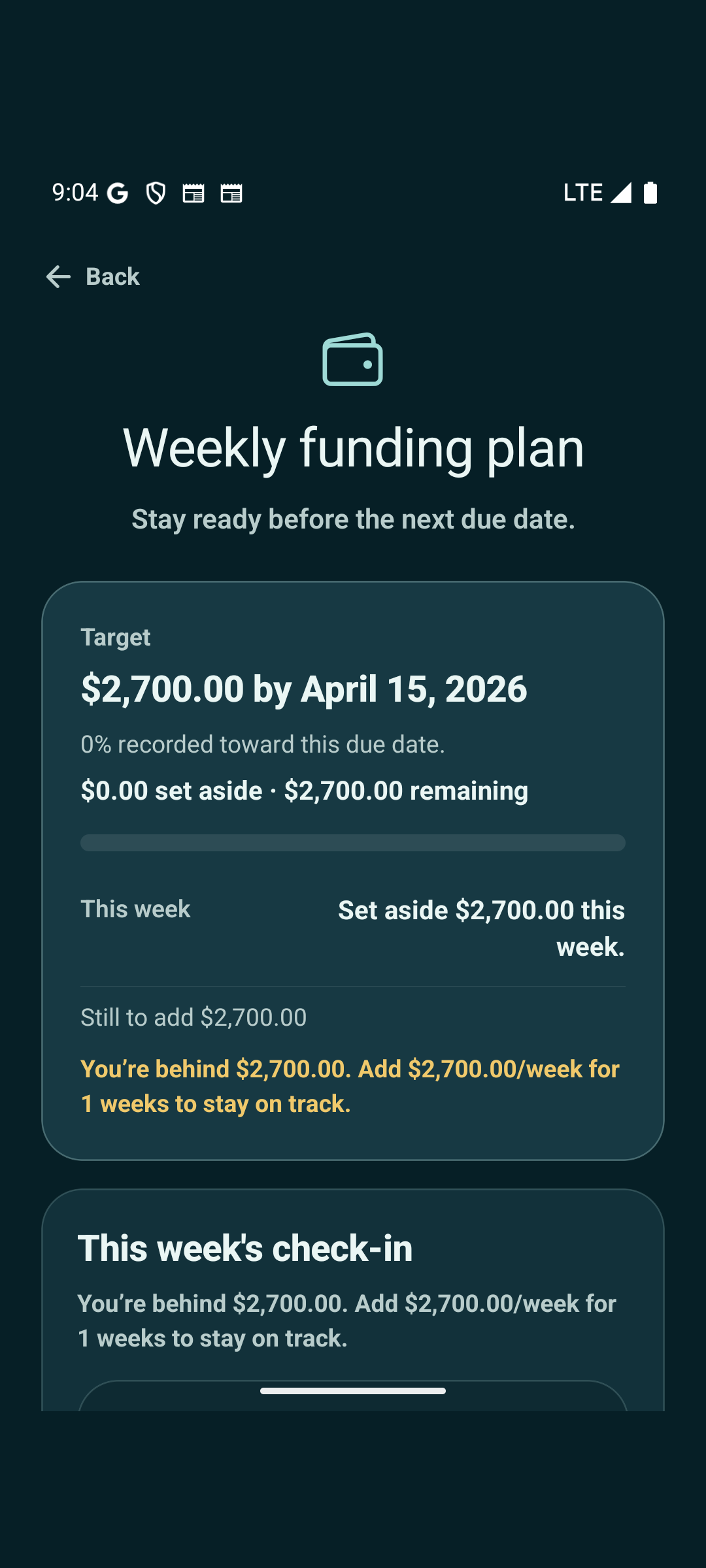 Weekly set-aside plan to fund the next payment.