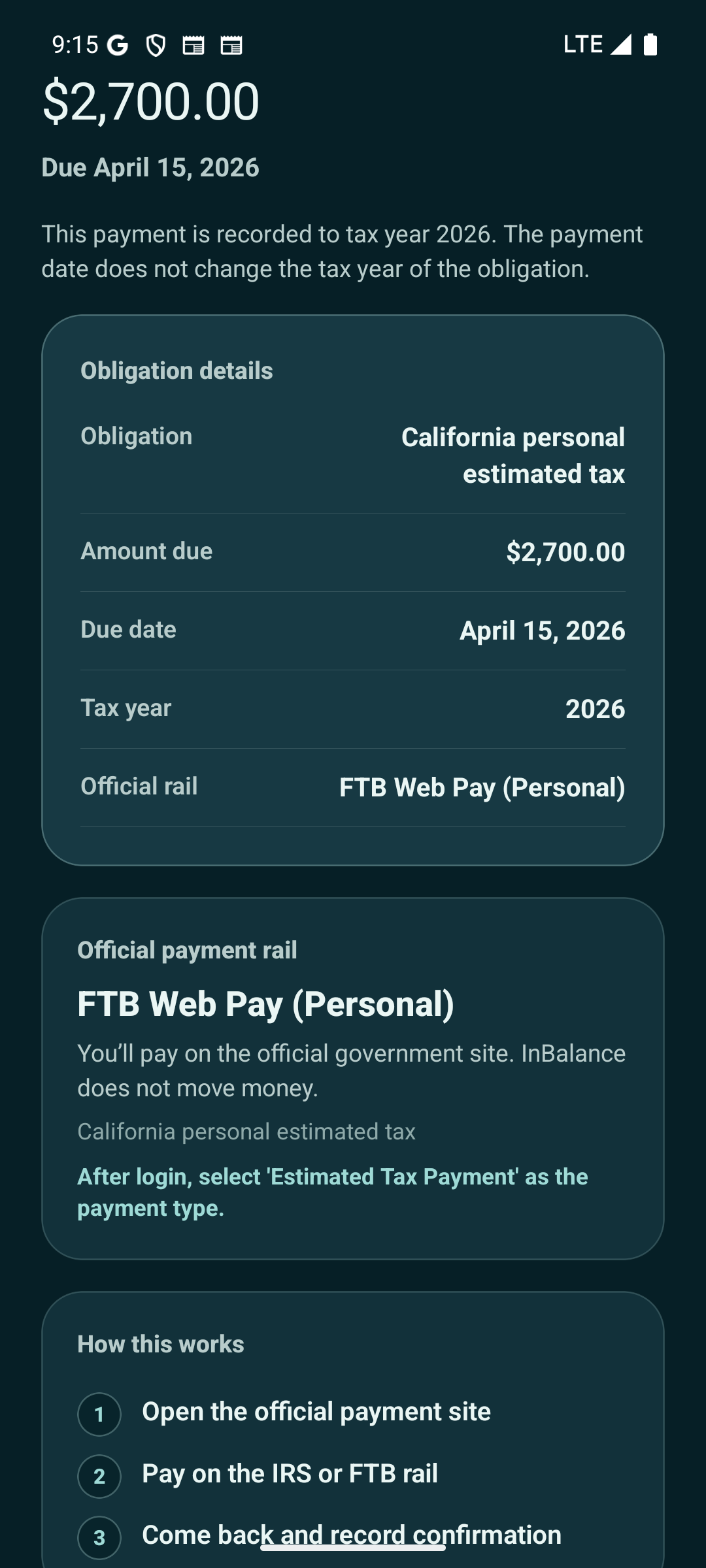 Hand-off to IRS Direct Pay, EFTPS, or FTB Web Pay.