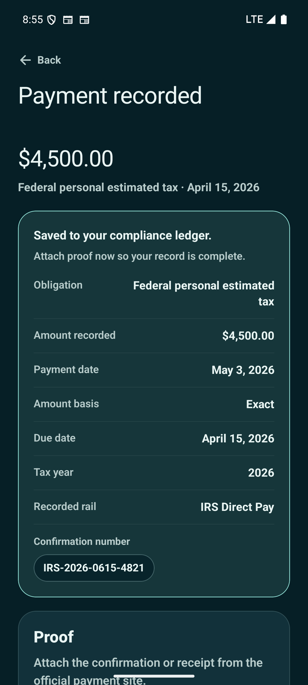 Record confirmation and proof after paying.
